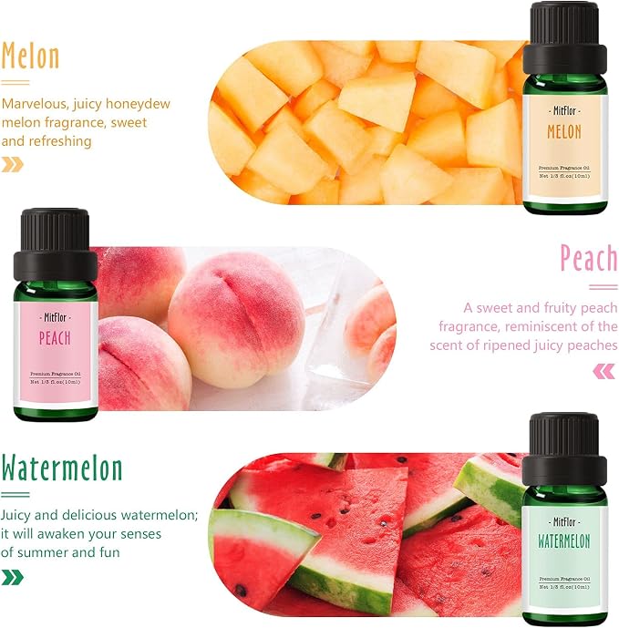 Fragrance Oil, MitFlor Fruit Essential Oils for Diffusers for Home, 6x10ml, Soap & Candle Making Scents, Summer Diffuser Oils, Peach, Cherry, Watermelon, Blueberry, Grape, Melon