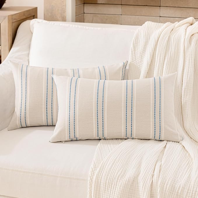 Hckot Striped Throw Pillow Covers 12x20 Set of 2 Lake Blue Pillow Covers | Farmhouse Decorative Pillows Textured Linen Square Cushion Covers for Sofa Couch Bed Living Room Decor(Lake Blue)