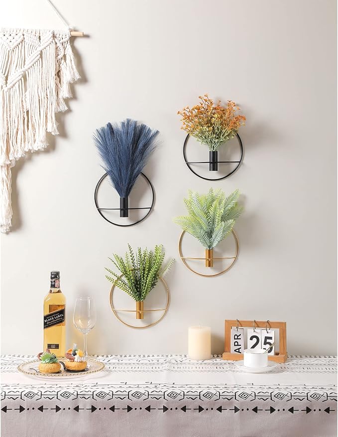 Pretty Jolly Boho Pampas Wall Decor Gold Metal Wall-Mounted Art | Morden Artificial Greenery Display，2 Pack Navy Hanging Planter For Living Room, Bedroom, Bathroom, Dining room