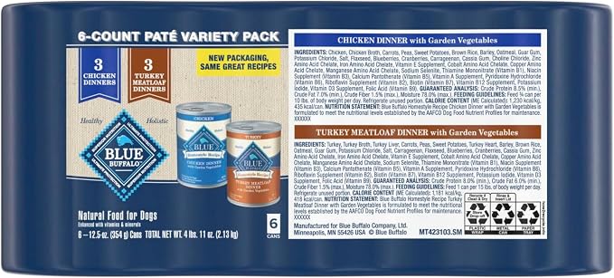 Blue Buffalo Homestyle Recipe Variety Pack Wet Dog Food, 12.5 oz, 6 ct | Chicken & Turkey (3 of Each), No Chicken By-Product, Corn, Wheat, or Soy
