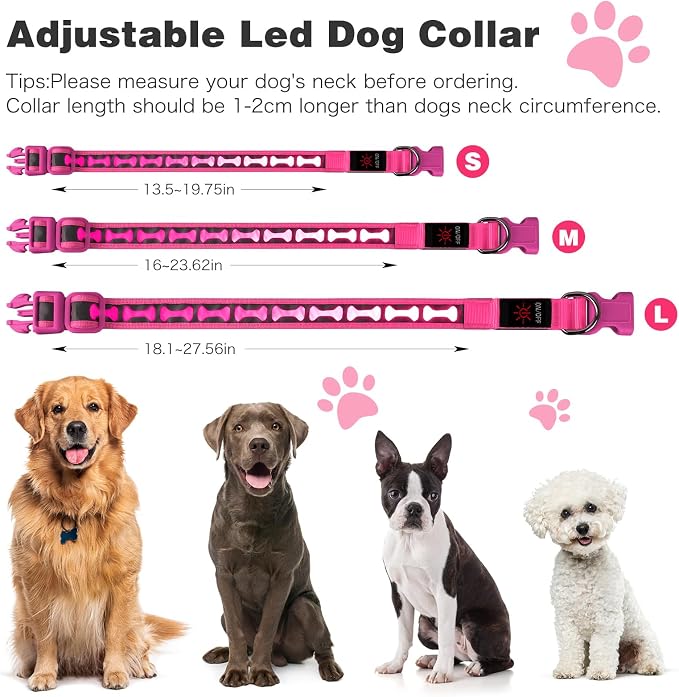 Flashseen LED Dog Collar Light Up USB-C Rechargeable, Pink, Small