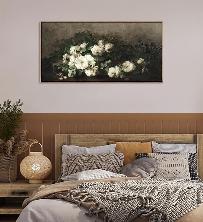 DJSYLIFE Vintage Framed Wall Art, White Rose Still Life Painting,20x40 Inch | Large Floral Canvas Print, Classic Elegant Artwork, Living Room Wall Decor, Long Picture for Bedroom Above Bed, Ready to Hang