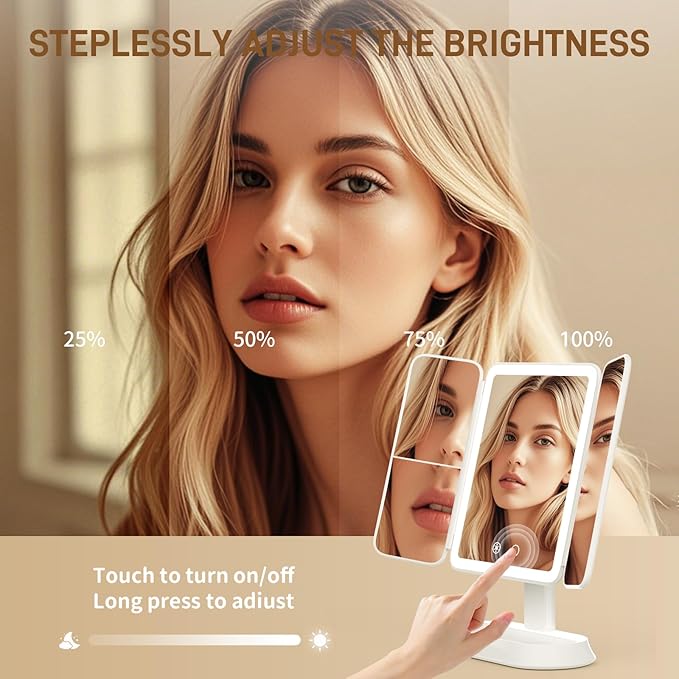 FRANO Vanity Mirror with Lights - Rechargeable Lighted Makeup Mirror | 1X/3X/5X Magnification, Smart Touch, 3 Colors Dimmable | Portable Trifold Mirror for Travel for Women and Girls
