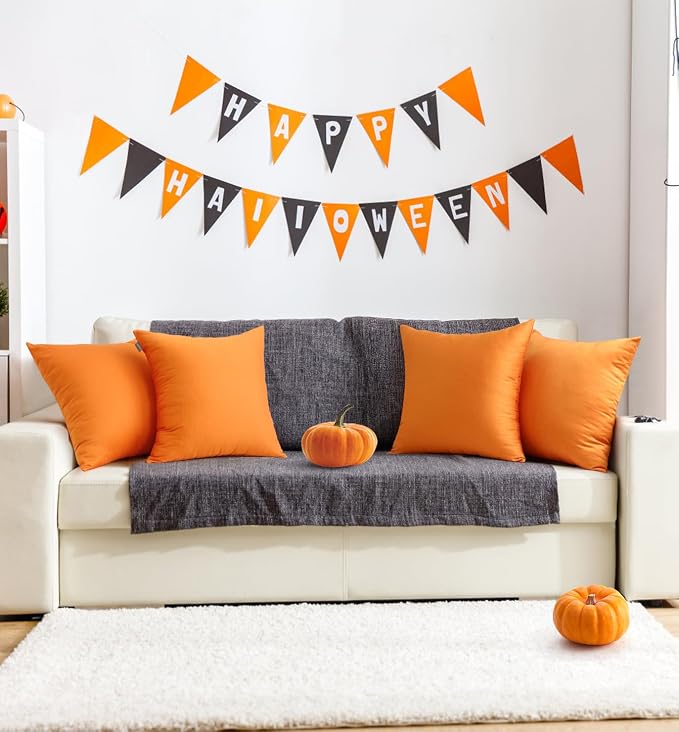 Thmyo 4-Pack 100% Cotton Comfortable Solid Decorative Throw Pillow Case Square Cushion Cover Pillowcase Sublimation Blank Halloween DIY Throw Pillow Covers for Sofa Bed(18x18 inch/45x45cm,Fall Orange)