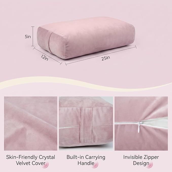 Yoga Bolster Pillow, Curved Wedge for Deep Stretch & Prenatal Support, 25"×12"×5", Sponge Bead-Cotton Filling, Velvet Cover with Zipper & Handle for Yoga, Meditation & Pilates (Light Pink)