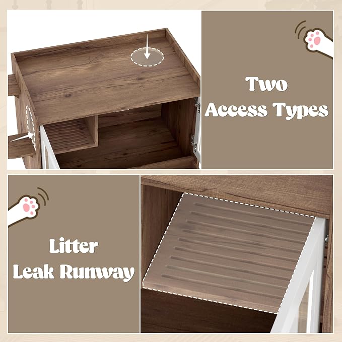 Hidden Cat Litter Box Enclosure Furniture with Drawer and Stairs, Wooden Cat House Washroom with Glass Door, Litter Cabinet Side Table for Bedroom Living Room, Brown White