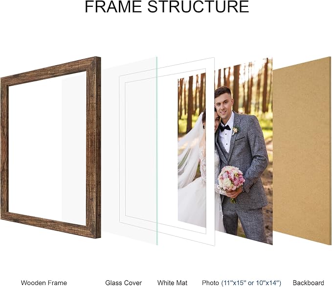 Hongkee 11x15 Picture Frame Set of 4, Made of Real Glass and Rustic Brown Frame - Display Picture 10x14 with Mat or 11x15 Without Mat, 11 by 15 Photo for Wall Mounting