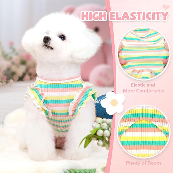 2 Pack Cute Striped Small Dog Shirts, Soft Cotton Girl Dog Clothes Breathable Ruffled Puppy Vest Spring Summer Pet Outfits for Chihuahua Yorkie Maltese and Cats（Purple+Green,Large）