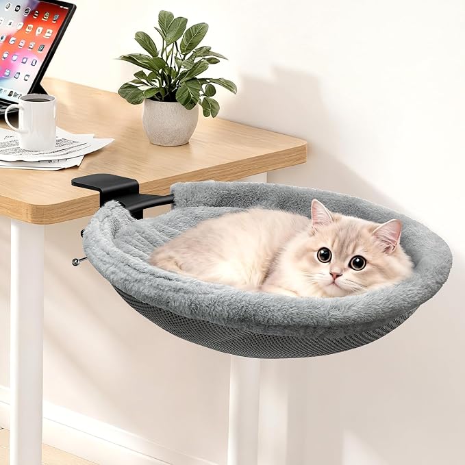 17.3" Extra Large Cat Desk Bed, 2 in 1 Comfy & Space-Saving Cats Bed for Desk, Cat Desk Hammock with Dual-Sided Reversible Mat for Hard Wall and Various Desktops-Maximum Hold Up to 40lb