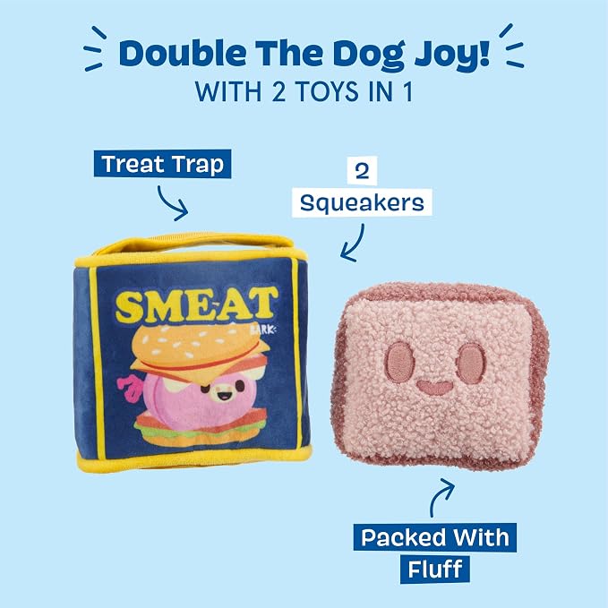 BarkBox Canned Smeat Dog Toy - 2-in-1 - Toy for Extra Small to Small Dogs | Plush Set with 2 Squeakers & Crinkle | Multi-Part Squeak
