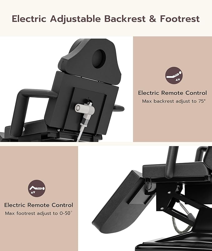 Icoget Fully Electric Tattoo Chair Esthetician Bed for Clients, 3-Motor Massage Table Adjustable Spa Facial Chair for Waxing, Lashing, Professional Aesthetics Bed for Salon, Black with Stool