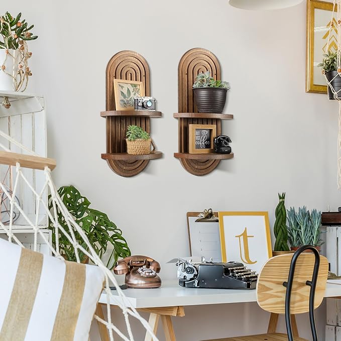 2 Pcs Boho Wall Shelf Rainbow Arch Wooden Floating Shelf Mid Century Bohemian Hanging Holder Double Vintage Wall Mount Altar Decor for Nursery Bedroom 15.75 x 6.69 Inches(Brown)