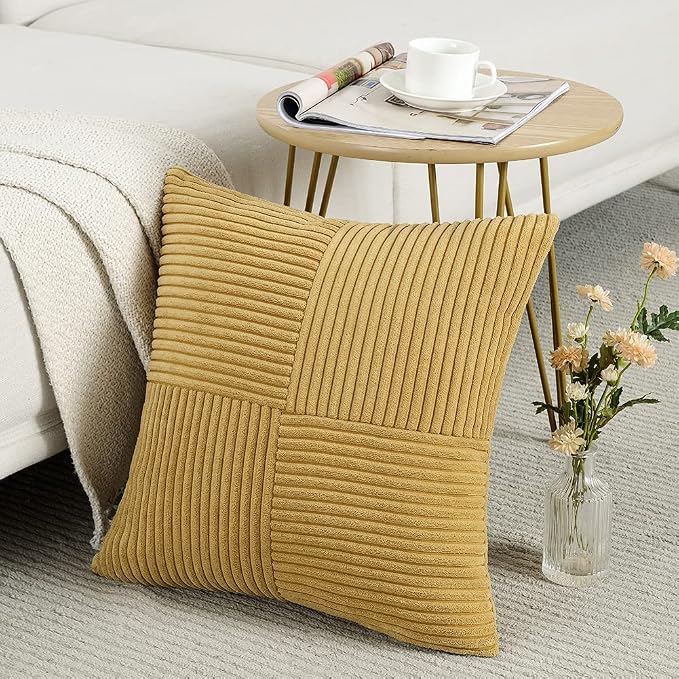 Fancy Homi Mustard Yellow Decorative Throw Pillow Covers 18x18 Inch for Living Room Couch Bed, Farmhouse Boho Home Decor, Soft Corss Corduroy Patchwork Textured Accent Cushion Case 45x45 cm