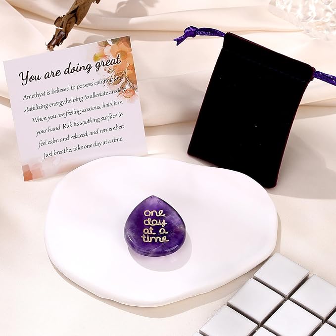 One Day at A Time Amethyst Thumb Worry Stone for Anxiety Crystals Healing Stones Inspirational Stone for Meditation Worry Stones for Stress Relief Sobriety Gifts Thinking of You Gifts for women