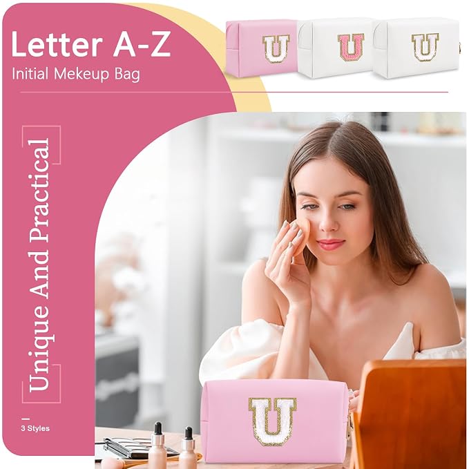 Personalized Initial A-Z Preppy Patch Makeup Bag,Small PU Chenille Letter Cosmetic Bag with Zipper for Teen Girls,Pink Cute Toiletry Organizer Bag,Monogram Makeup Case Gift for Women Girls,Letter U