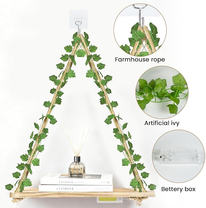 RICHER HOUSE Hanging Floating Shelves No Drill, Macrame Plant Wall Shelf | Boho Trinket Shelf with Artificial Ivy and LED Lights, Cute Wall Art Aesthetic Decor, for Bedroom, Dorm, Two-Way Install