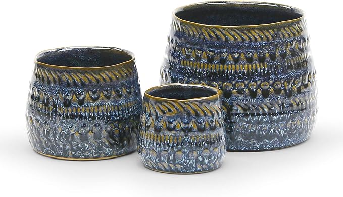 WGV Ceramic Vase, Width 3.5", Height 3", Dark Blue Kano Pot, Textured Antique Pattern Planter Dome for Wedding Event Office Home Decor, 1 Piece