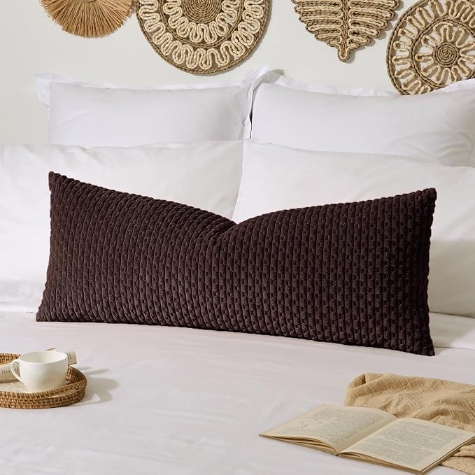 Kevin Textile Soft Corduroy 20"x54" Body Pillow Cover 1 Pack, Coffee | Boho Stripe Plush Corduroy Decorative Oblong Cushion Cover Modern Farmhouse Home Decor for Sofa Couch Bed Chair