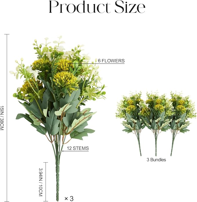 RM ROOMERS Artificial Flowers Plants for Outdoors, Fake Flowers for Garden | Yellow & White Floral Arrangement UV Resistant Faux Flower for Porch Windowbox Front Door Yard No Fade Home Decor (3 Bundles)