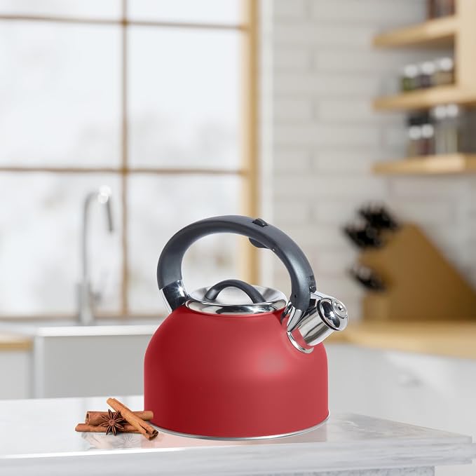 OGGI Tea Kettle for Stove Top - 64oz / 1.9lt, Stainless Steel with Loud Whistle, Ideal Hot Water Kettle and Water Boiler - Brick Red