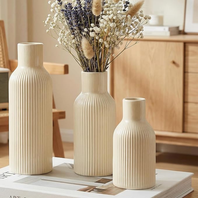 Beige Ceramic Flower Vases Set of 3, Modern Smooth Ribbed Texture, Nordic Minimalist Decor for Pampas, Dried & Fresh Flowers, Centerpiece for Living Room, Shelf, Entryway, Wedding