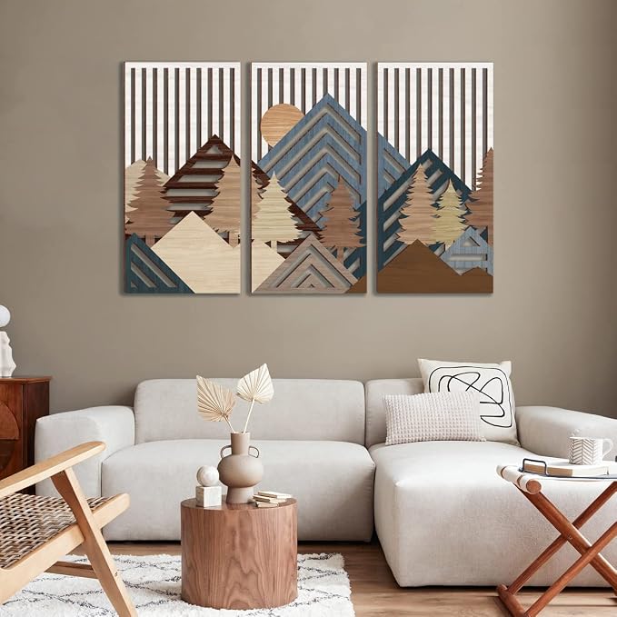 IARTTOP Abstract Mountain Wood Wall Art Large Geometric Forest Pine Trees Wooden Wall Decor Boho Sun Nature Landscape Wall Decor for Bedroom Living Room Office-16 x32 Inch Set of 3