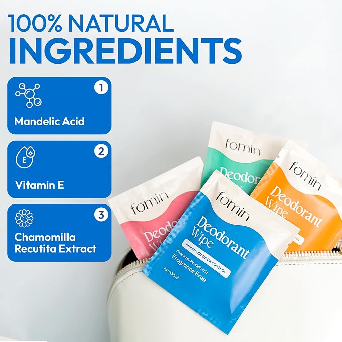 FOMIN Acidified Travel Deodorant Wipes For Women & Men - 15 Count - Fragrance Free - pH Balanced, Mini Deodorant Travel Size - Plastic-Free, Individually Wrapped Underarm Body Wipes