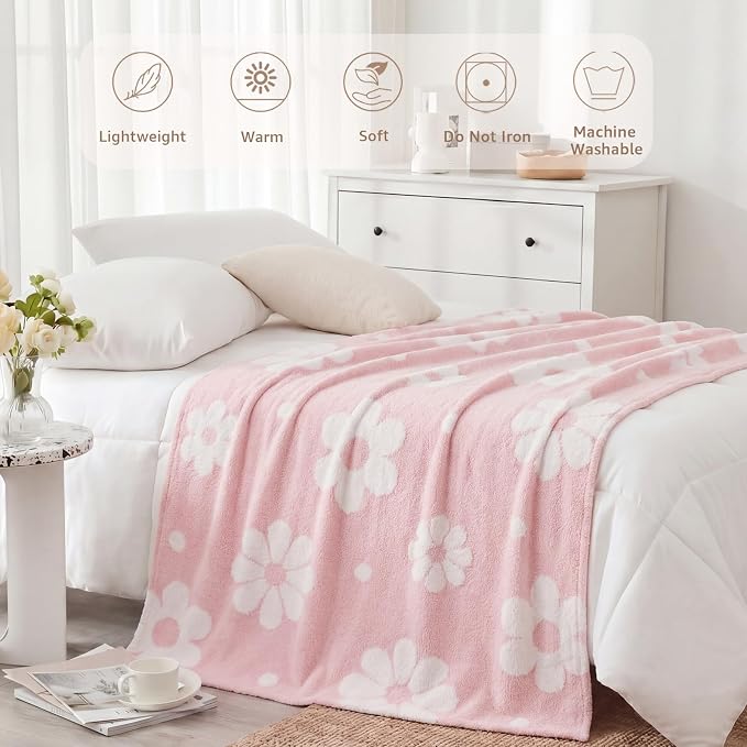 Soft Throw Blanket for Couch-Cozy Reversible Knitted Blankets | Lightweight Warm Fluffy Decor for Women, Mom, Her & Girls, Sofa, Chair, Bed, 50x70in,Daisy Floral Pink