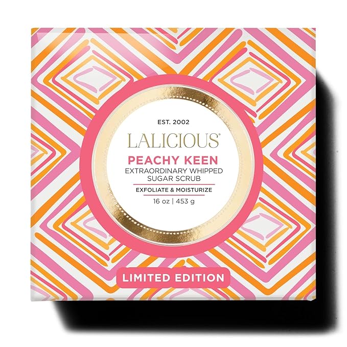 LALICIOUS Peachy Keen Exfoliating & Moisturizing Body Scrub | Sugar & Coconut Oil | Pre-Shave Scrub for Ingrown Hairs & Razor Bumps | Gently Buffs & Smooths Sensitive Skin | No Parabens | Large 16oz