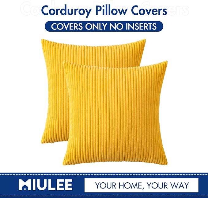 MIULEE Fall Soft Corduroy Throw Pillow Covers Set of 2 18x18 Golden Yellow | Decorative Striped Textured Cushion Cases, Boho Energetic Vibe Pillowcases, Home Decor for Couch Chair Sofa Bed Living Room