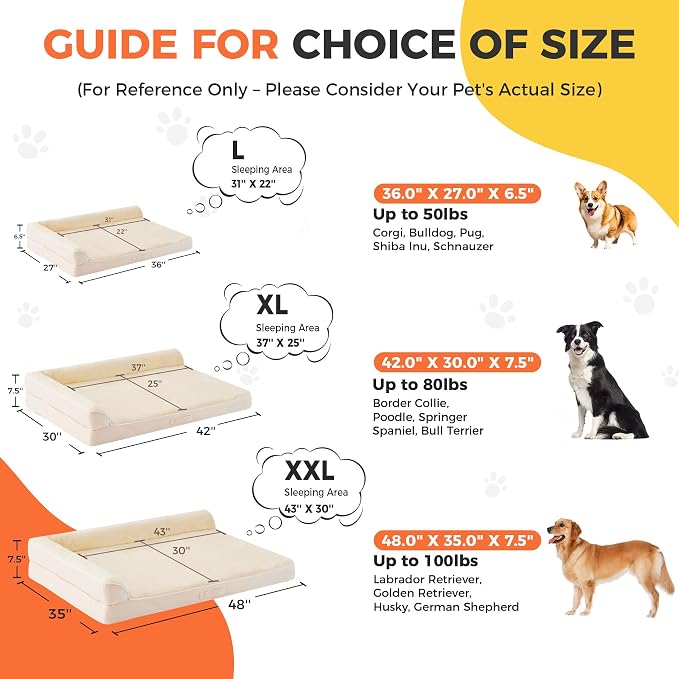 XL Orthopedic Dog Bed for Large Sized Dogs, 42"x30"x7.5", Beige | Waterproof, Washable Cover, L-Shaped Pet Couch, Egg-Crate Foam for Pressure Relief, Portable Handle