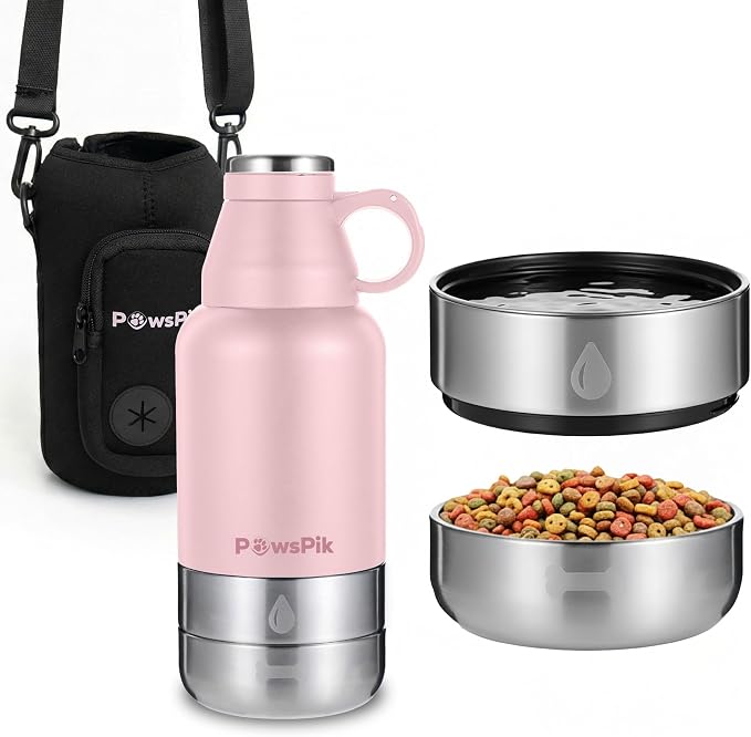 PawsPik 3-in-1 Travel Dog Water Bottle & Bowl Set, 32oz, Pink