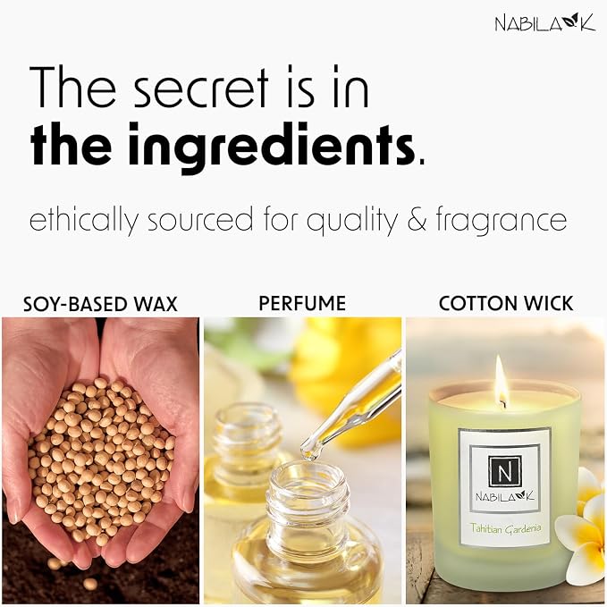 Nabila K - Tahitian Gardenia - Soy-Based Candle - Lemon, Cinnamon, Jasmine, Sweet Muguet & Spicy Coriander - Hand-Poured - Cotton Wick - Aromatherapy Candle w/Essential Oils - Made in USA - 14 oz