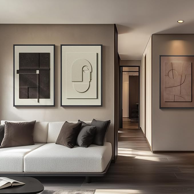 3D Large Framed Brown Abstract Wall Art for Living Room, 3Piece 24x36 In | Solid Wood Frames, Sandstone Textured Artwork for Walls, Black White Geometric Sculptural Pictures Wall Decor Bedroom Office