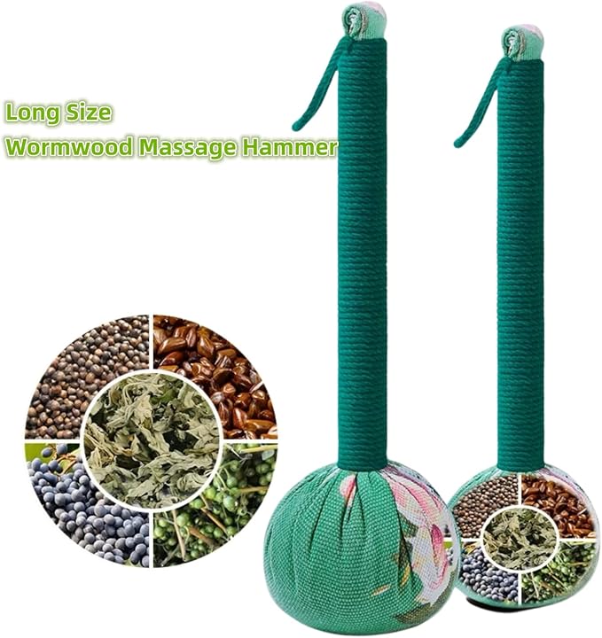2PCS Long Size Lymphatic Drainage Herbal Massage Hammer,Manual Massage Hammer for Body, Back Massage Hammer Taichi,Wormwood Massage Hammer Sticks Muscle Relaxation 2PCS (Red/Green)