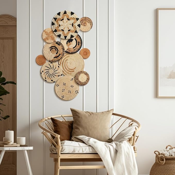 Tatuo 11 Pcs Boho Wall Basket Decor Bulrush Woven Wall Hanging Art Round Farmhouse Rustic Handmade Wicker for Summer Home, Bedroom, Living Room, Kitchen Decorations, Multi Sizes(Artistic)