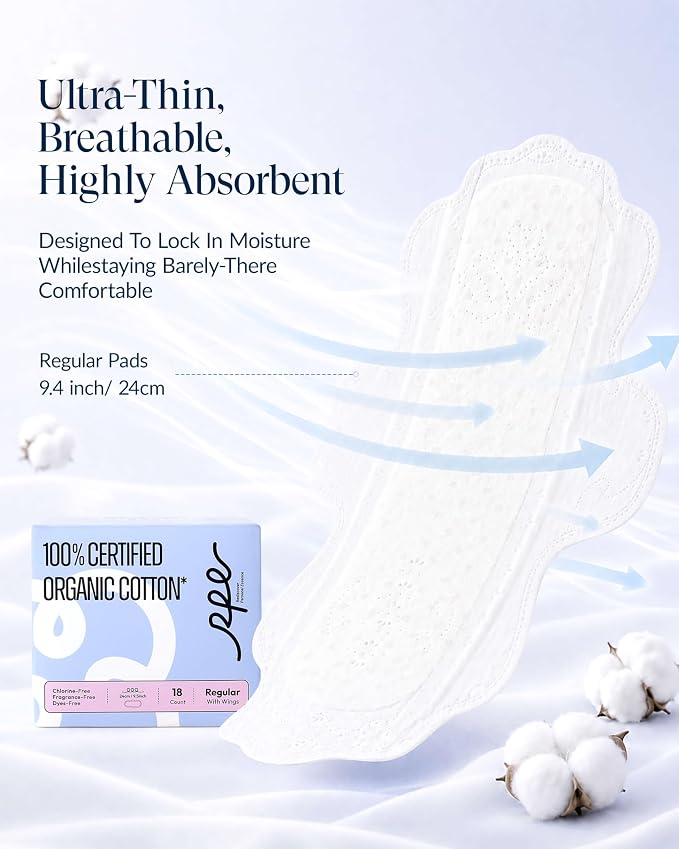 RPE Life 100% GOTS Organic Cotton Menstrual Pads with Wings, 108 Count | Value pack menstrual pads with wings; breathable, skin-friendly comfort for active days and daily period protection.