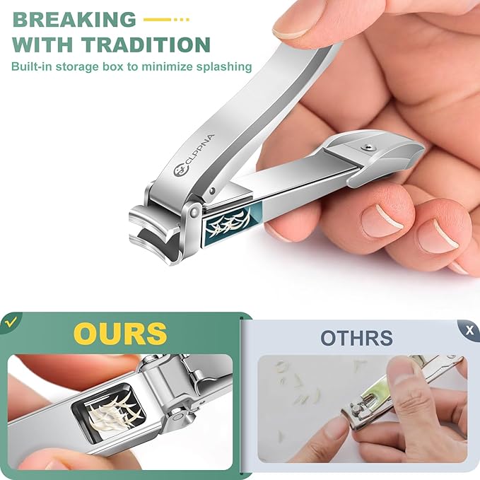Nail Clippers for Men with Catcher, CLPPNA Heavy Duty Finger Nail Clippers Adult, Stainless Steel Nail Cutter, Fingernail & Toenail Clippers Ideal Gift for Men & Grooming Gifts, Silver