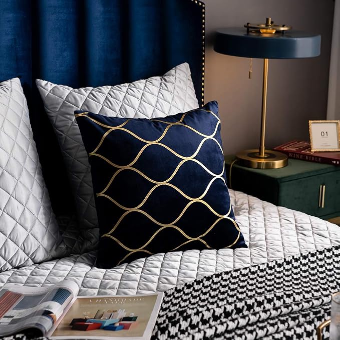 Gold Velvet Throw Pillow Covers Navy: 2 Pack 16x16 Inch Square Decorative Pillow Cases for Bedroom Sofa Couch Living Room