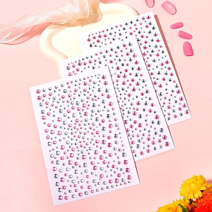 975Pcs Face & Eye Gems -Self Adhesive Rhinestones, 3/4/5/6 mm DIY Face & Body Gems, Craft Pearls (White+Pink)