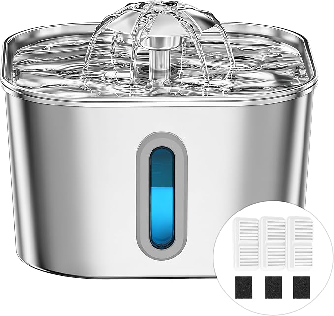 Cat Water Fountain Stainless Steel 74oz/2.2L with 3 Filters & 3 Sponges | Indoor Pet Water Dispenser-Automatic Silent Small Dog Fountains for Drinking-Auto Metal Watering Bowls-Gifts for Kitty Animal