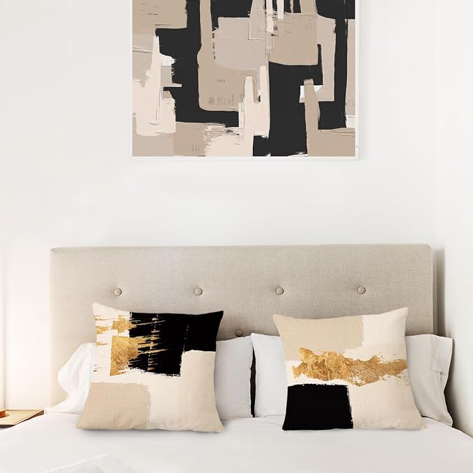 Black Beige and Gold Abstract Pillow Covers 20x20 Double-Sided, Mid Century Modern Decorative Throw Pillow Covers for Living Room Bedroom, Modern Home Decor, Black and Gold Decor, Set of 2