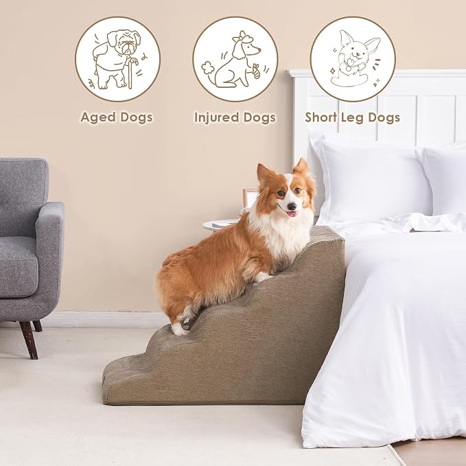EHEYCIGA Curved Dog Stairs Ramp, 5-Step Extra Wide High Beds, Dog Steps | 33D density of pure foam, for Small Dogs and Cats, Pet Stairs for High Bed Climbing, Non-Slip Balanced Indoor, Camel