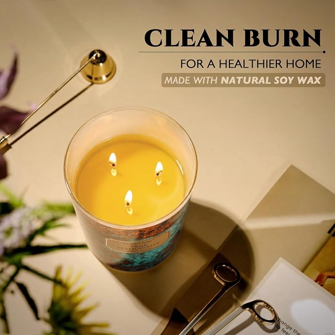 HomeLights Large jar Candle | 3-Wick Long-Lasting Scented Candles, 34oz Natural Soy Wax Candle for Home Scented, Industrial Chic Gifts for Women & Men, Teak Mahogany