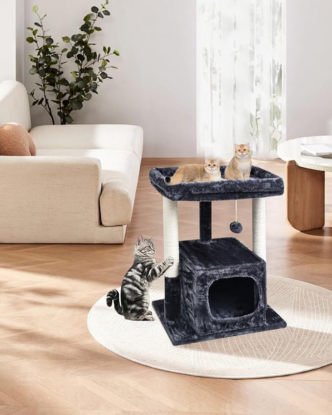 SYANDLVY 27IN Cat Tree for Indoor Cats Large Adult, Modern Activity Tower | Scratching Posts, Condo with Plush Perch, Climbing Stand with Spring Ball for Play, Smoky