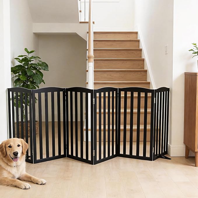 ZJSF Foldable Freestanding Indoor Dog Gate for House Wood Long Pet Gates Dog Fence for Stairs Puppy Gates for Hallways, Puppy Gate,Support Feet Included, Black, 32 "Height-6 Panels