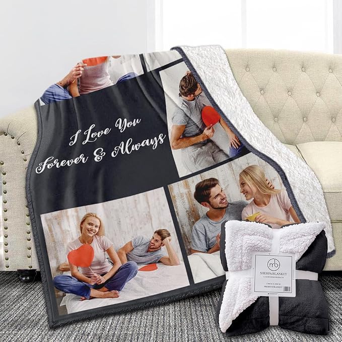 Ships Next Day, Custom Sherpa Fleece Blanket with Photos Text Soft Warm Custom Blanket Personalized Couples Gifts for Boyfriend Girlfriend Customized Picture Blanket Gifts for Christmas Valentines Day