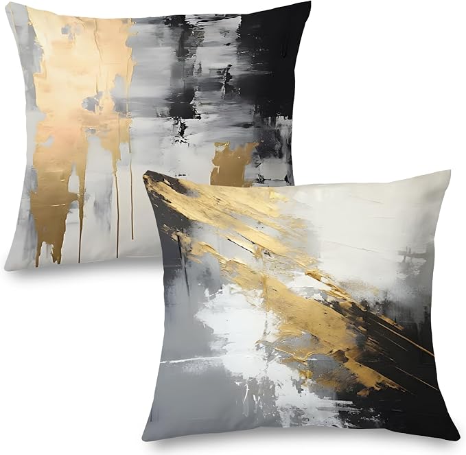 Black & Gold Pillow Covers, Abstract White & Gold Set of 2, 24x24 Modern Pillows for Couch & Bed