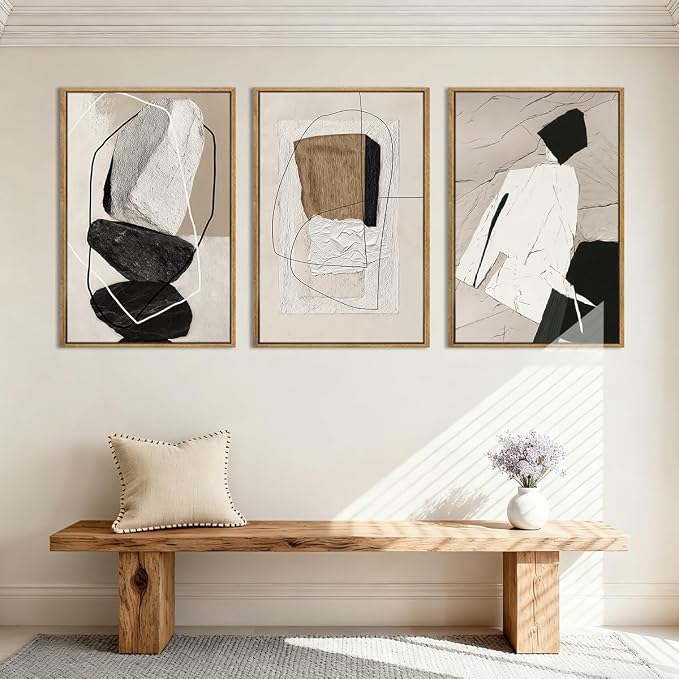 ANHUIB Large Neutral Abstract Wall Art Canvas,Black Beige Artwork, Modern Textured Framed Wall Art, Minimalist Geometric Painting,16x24 Inches Set of 3 for Living Room Bedroom