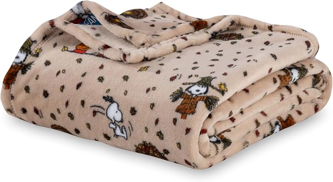 Berkshire Blanket Peanuts® VelvetLoft® Cute Character Snoopy Plush Oversized Throw Blanket, Peanuts Snoopy and Woodstock Harvest Combo Linen (50in x 60in)